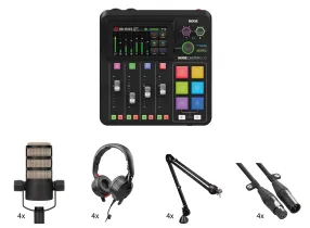 FOUR PODCASTING BUNDLE - Kit with 1x RodeCaster Duo, 4x Podmic, 4x NTH50, 4x PSA1, 4x XLR-3M